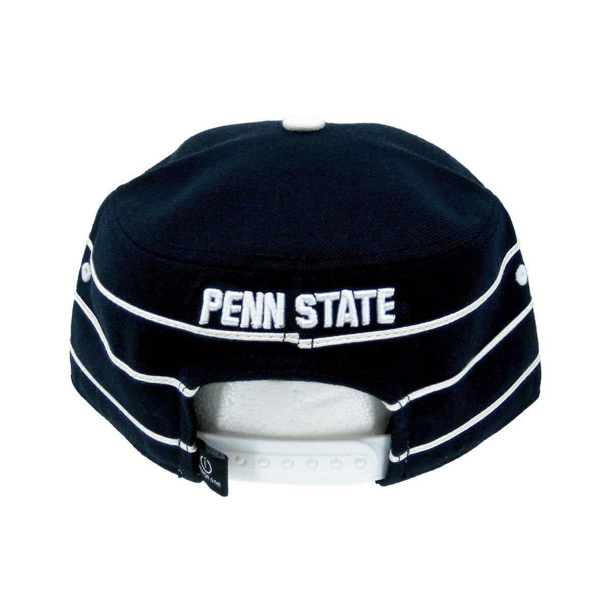 back of navy vintage pillbox hat with embroidered Penn State